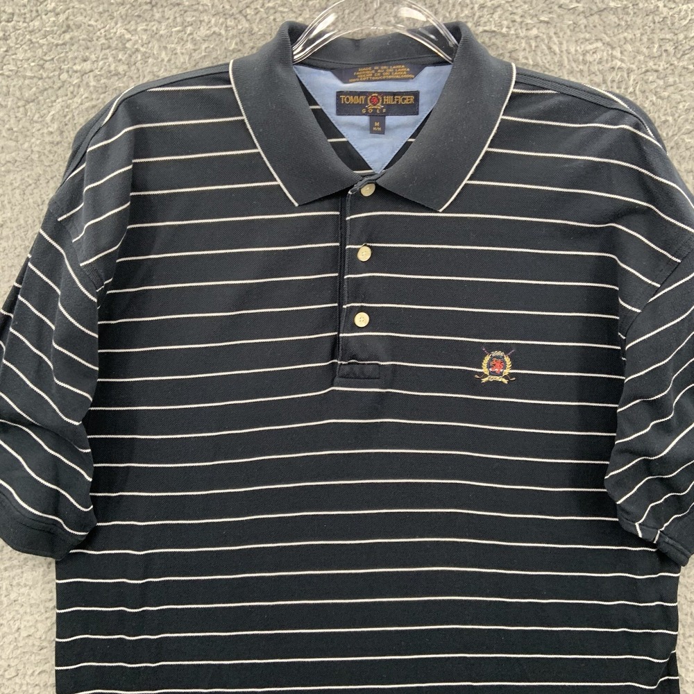 Vintage 90s Tommy Hilfiger Golf Polo Shirt Mens Medium Navy Striped Crest Logo